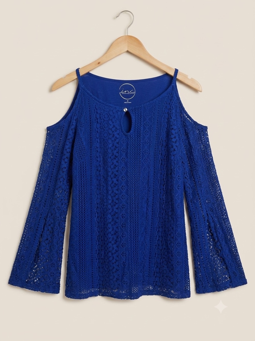 INC International Concepts Cobalt Blue Lace Cold-Shoulder Top